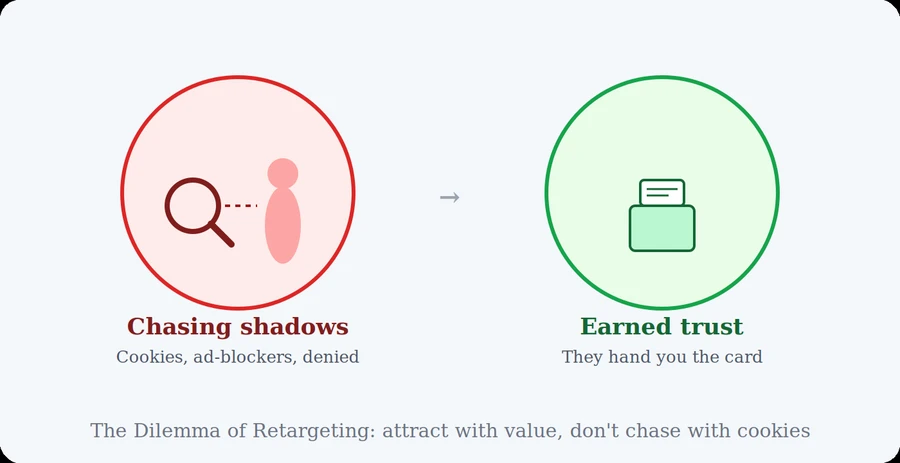 Old-school retargeting chasing a shadow across the internet compared to a prospect willingly handing over a business card