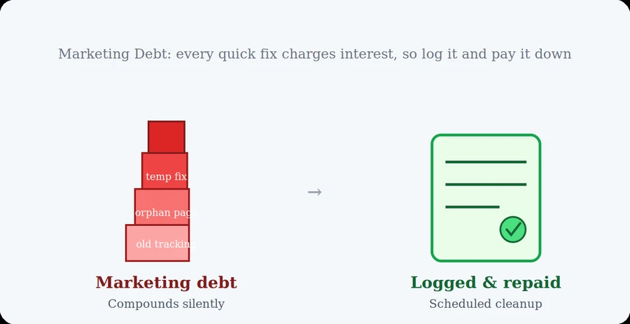 Illustration of marketing debt compounding like technical debt, with broken tracking and orphaned pages piling up