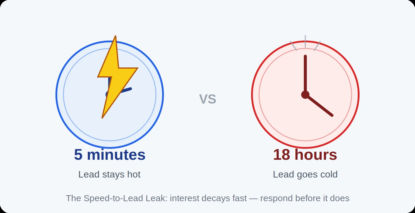 Comparison illustration showing a 5-minute lead response versus an 18-hour delayed response
